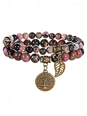 economico Bracciale da donna-Set di braccialetti da donna bohémien a strati con perline di pietra naturale, albero della vita e ciondoli a forma di foglia, gioielli da polso impilabili multicolore in 2 pezzi per l'uso quotidiano,