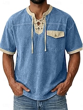 abordables camisetas basicas-Hombre Camiseta Camisa vaquera Camisa 100% algodón con lavado ácido Manga Corta cuello con cordones Otoño invierno Primavera Otoño Plano Vintage Ropa de calle Casual Bolsillo Lavado Casual Hogar Calle