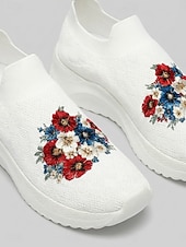  Pantofi sport fără mâneci pentru femei, albi, cu imprimeu floral – pantofi sport respirabili, confortabili, tricotați, cu absorbție ușoară a șocurilor și suport pe tot parcursul zilei, pentru