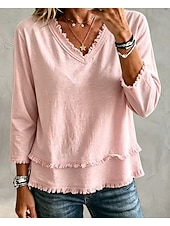  Mujer Camiseta Tee Plano Bohemia Manga Larga Escote en Pico Tops regulares Casual Bleu Ciel Verde Claro Rosa Verde esmeralda Gris Verano Primavera