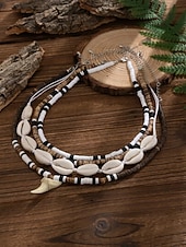 billiga Herrsmycken-herrskal &amp;Halsband med träpärlor i 4 delar, strandsmycken i lager med hajtandshänge, bohemiskt halsband i kustnära surfstil för semester, resor, festivaler och sommarens vardagskläder