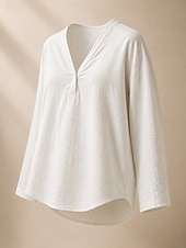 Недорогие Shirts-Women's Shirt Linen Shirts Blouse Solid Color Vintage Stylish Modern Long Sleeve V Neck Regular Tops Daily Holiday Going out White Pink Sky Blue Spring Fall