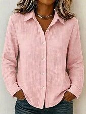  Dames 100% Katoen Button-down overhemd Textuur Knop Dagelijks Lange mouw Casual Geel Blozend Roze Beige Lente, Herfst, Winter, Zomer