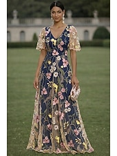 preiswerte Bodenlänge-A-Linie Kleid Bodenlang Maxidress Partykleid Cocktailkleid Brautmutterkleid Kurzarm V Ausschnitt Elegant Vintage luxuriös Formell Hochzeitsgast Kentucky Derby Chiffon Tüll mit Blumenmuster 3D-Blumen