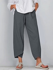 baratos Partes inferiores-Calça capri feminina 100% algodão, ideal para o verão, casual, para uso diário, comprimento até o tornozelo, lisa, com bolsos laterais, respirável, confortável e sem elasticidade. Disponível nas cores preto, vinho, verde e cáqui. Primavera e verão.