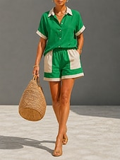 abordables Ensembles-Femmes Ensembles en coton et lin Ensembles deux pièces Manche Courte Col de chemise Patchwork ancien Occasionnel Quotidien Kaki Vert Été Coupe Ample