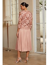 cheap Polished Edit-Women's A-Line 2-Piece Dress Sets Cocktail Dress Wedding Guest Dress Tea Length Crew Neck Sleeveless 3/4 Length Sleeve Illusion Sleeve Elegant Mother Of The Bride with Satin Lace Floral Combo Splicing