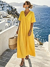 Per donna Abito maxi Abito lavato Vacanza Quotidiano Vestibilità comoda Colore Puro Manica Corta Scollo a V Blu Bianco Giallo Rosa Estate Autunno