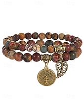 economico Bracciale da donna-Set di braccialetti da donna bohémien a strati con perline di pietra naturale, albero della vita e ciondoli a forma di foglia, gioielli da polso impilabili multicolore in 2 pezzi per l'uso quotidiano,