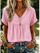  Mulheres Camisa Social Camisas de algodão e linho Côr Sólida Boêmia Férias Vintage Sem Manga Manga Curta Decote V Tops regulares Casual Azul Branco Amarelo Rosa Verão Primavera