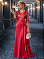 abordables שמלות ערב לאירועים-A-Line Floor Length Ball Gown with Cape Evening Gown Elegant Glittering Silky 3/4 Length Sleeve V Neck Wedding Formal Satin Sequined with Glitter Pleats Sequin