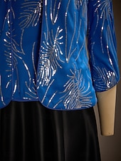  Women's Twinset Blouse Dressy Tops Evening Tops Feather Sequins Elegant 3/4 Length Sleeve Mandarin Collar Regular Tops Party Evening Wear Evening Party Sequins Royal Blue Spring Fall Winter
