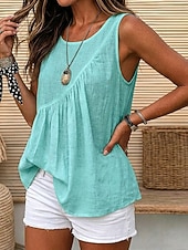  Damen Gewaschene Baumwolle Camisole-Tanktop Gerafft Textur Asymmetrisch Einfarbig Einfach Retro Vintage Ärmellos Rundhalsausschnitt Lange Oberteile Lässig Weiß Hellgrün Sommer Frühling
