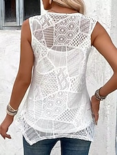 baratos Tanque Simples-Mulheres Malha Íntima Renda Tecido à moda Casual Sem Manga Gola Redonda Tops regulares Casual Diário Branco Rosa Rosa empoeirada Verão Primavera