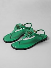 cheap Flat Sandals-Women's Green Floral T-Strap Flat Sandals with Elastic Slingback - Summer Thong Sandals for Vacation, Travel, Casual Walking and Everyday Wear