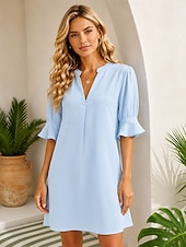 cheap Plain Dress-Women's Mini Dress A Line Dress Summer Dress Casual Regular Fit Plain Half Sleeve V Neck Blue Summer Spring