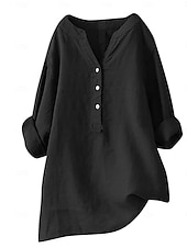 economico Camicie-Camicie da donna 100% cotone con bottoni, tinta unita, vintage, maniche lunghe, scollo a V, top lunghi, casual, rosa chiaro, curcuma, nero, verde oliva, rosso, primavera