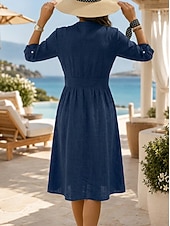 economico Vestiti-Per donna Abito al ginocchio Abiti in cotone e lino Abito Camicia Elegante Vacanza Classico Quotidiano Ufficio Vacanza Vestibilità regolare Semplice Manica Lunga Scollo a V Rosso Blu marino Arancione