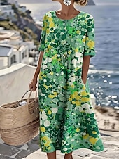 cheap Casual Floral Dresses-Women's Midi Dress Sundress A Line Dress Summer Dress Fit And Flare Dress Vacation Party Casual Daily Office Beach Loose Fit Graphic Abstract Half Sleeve Crew Neck Blue Red Green Summer Spring Fall