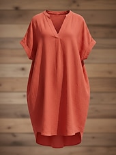  Women's  Vintage Knee Length Dress Linen Dresses Daily Slim Plain Short Sleeve V Neck Khaki Red Orange Summer