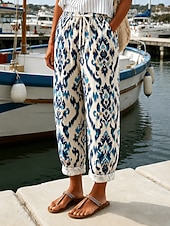  Dames Chinese Vakantie Vintage Casual Volledige lengte Middelhoge taille Grafisch Geometrie Trekkoord Lapwerk Zak Comfort Zacht Voor buiten Inelastisch Casual Dagelijks Vakantie blauw Oranje Zomer
