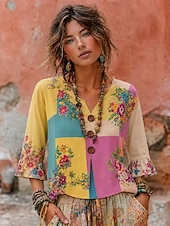  Women's Shirt Patchwork Buttons Print Floral Graphic Vintage Stylish Short Sleeve 3/4 Length Sleeve V Neck Long Tops Casual Daily Holiday Blue White Red Summer Spring