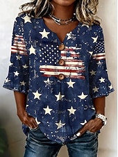  Women's Casual Shirt Summer Tops Blouse Buttons Graphic American Flag Elegant Bohemia Active V Neck Long Tops Casual Blue White and Blue Red / Blue Beige Summer Spring Fall Winter