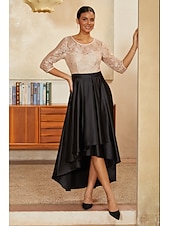 preiswerte Polished Edit-Damen A-Linie High-Low-Kleid Cocktailkleid Kleid für Hochzeitsgäste Knöchellänge Rundhalsausschnitt Dreiviertelarm Illusionsärmel Hohe Taille Elegant Mutter der Braut mit Satin Paillettenspitze