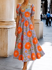 cheap Floral Dress-Women's Midi Dress Casual Dress A Line Dress Elegant Vacation Stylish Beach Holiday Regular Fit Floral Graphic Short Sleeve Square Neck Orange Apricot Summer Spring