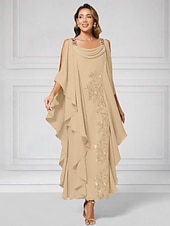  Sheath Column Ankle Length Party Dress Cocktail Dress Wedding Guest Dress Mother of the Bride Dress Half Sleeve Boat Neck Elegant Luxurious Sparkle & Shine Wedding Guest Chiffon with Beading Tier