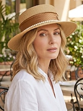 cheap Women's Hats-Women's Flat Top Straw Boater Hat, Pearl Trim Summer Sun Hat, Multiple Colors, Elegant Wide Brim Vacation Beach Hat for Travel, Resort, Garden Party &amp; Daily Wear