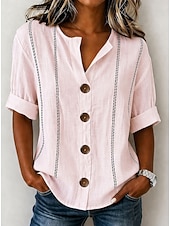  Women's Shirt Blouse Patchwork Buttons Print Striped Elegant Bohemia Short Sleeve V Neck Regular Tops Casual Light Blue White Pink Apricot Summer Spring