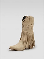 abordables Mujeres-Botas vaqueras de mujer estilo western con flecos, botas beige bordadas a media pantorrilla con tacón grueso para festivales de música al aire libre, conciertos country y fiestas bohemias.