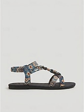 abordables Sandalias Planas-Sandalias bohemias étnicas de playa para mujer: zapatos planos tipo gladiador con tiras tejidas de estilo azteca y detalle de anillo para vacaciones de verano en la isla. &amp; crucero