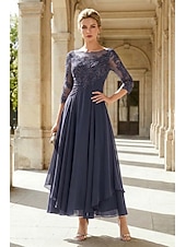 cheap Ankle Length-A-Line Ankle Length Party Dress Cocktail Dress Wedding Guest Dress Mother of the Bride Dress 3/4 Length Sleeve Jewel Neck Elegant Plus Size Wedding Guest Wedding Party Chiffon Lace with Ruched Sequin