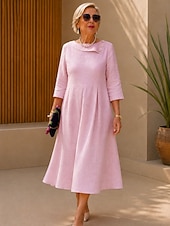  Women's Cotton Linen Midi Dress A Line Dress Summer Dress Casual Regular Fit Plain 3/4 Length Sleeve V Neck Pink Summer Spring