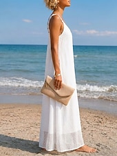  Dames Maxi-jurk Kanten jurk Vakantie Strand Ruim Passend Heldere kleur Mouwloos V-hals Wit Zomer