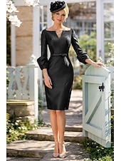 cheap Cocktail Dresses-Sheath Column Knee Length Cocktail Dresses Party Dresses Elegant Minimalist 3/4 Length Sleeve V Neck Formal Wedding Guest Satin with Sash / Ribbon Pure Color