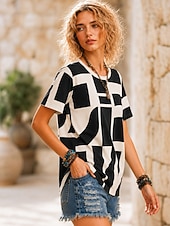 cheap Stripe&amp;Geometric tee-Women's T Shirt Print Graphic Geometric Tribal Fashion Stylish Classic Short Sleeve Crew Neck Round Neck Regular Tops Casual Daily Sports White Black Red Summer Spring