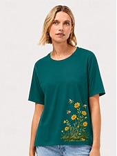 preiswerte Handbestickte Oberteile-Damen-T-Shirt aus 100 % Baumwolle mit Stickerei, Sommer-Tops mit floralem Pflanzenmuster, elegantem Vintage- und tropischem Design, Kurzarm, Rundhalsausschnitt, langes Oberteil, lässig, für Strand und