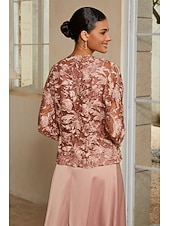 cheap Polished Edit-Women's A-Line 2-Piece Dress Sets Cocktail Dress Wedding Guest Dress Tea Length Crew Neck Sleeveless 3/4 Length Sleeve Illusion Sleeve Elegant Mother Of The Bride with Satin Lace Floral Combo Splicing