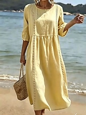  Mujer Vestido Midi Vestido de encaje vestido de playa Vestido informal Vestido de verano Básico Clásico Diario Vacaciones Holgado Plano Media Manga Cuello Barco Blanco Amarillo Verde Trébol Verano