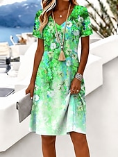  Per donna Mini abito Vestito T-Shirt Abito a trapezio Vacanza Casual Boho Spiaggia Vestibilità regolare Floreale Grafico Manica Corta Scollo a V Blu Viola Verde Estate Primavera