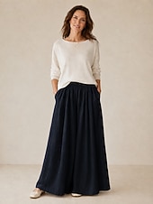preiswerte Premium-Leinen-Kollektion-Damen-Leinenhose mit weitem Bein, mittelhoher Bund, durchgehende Taschen, elastischer Bund, Vintage-Stil, Resort-Look, lässig, Reisweiß