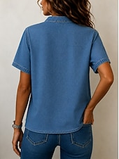  Camisa de mujer estilo denim, algodón lavado, estilo boho, encaje, patchwork, denim, color liso, estilo vintage western, casual, manga corta, cuello cuadrado, tops regulares, casual, diario,
