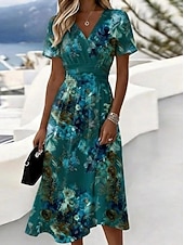 economico Abiti casual floreali-Per donna Abito Midi Abito a Tubino Vacanza Casual Boho Quotidiano Abito Estivo Abito Primaverile Vestibilità regolare Floreale Grafico Foglia Manica Corta Scollo a V Blu Bianco Verde chiaro Verde