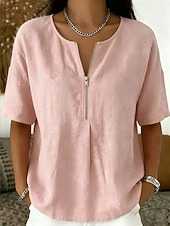  Mulheres Camisa Social Blusa Zíper Côr Sólida Elegante Férias Moda Manga Curta Colarinho de Camisa Tops regulares Casual Azul cor laranja Preto Rosa Vermelho Verão Primavera