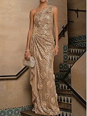 abordables Vestidos de Noche en A-A-Line Mermaid Trumpet Floor Length Evening Gown Formal Dress Elegant Vintage Sparkle Sleeveless One Shoulder Wedding Formal Sequined with 3D Flowers Crystals Ruffles