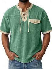 abordables camisetas basicas-Hombre Camiseta Camisa vaquera Camisa 100% algodón con lavado ácido Manga Corta cuello con cordones Otoño invierno Primavera Otoño Plano Vintage Ropa de calle Casual Bolsillo Lavado Casual Hogar Calle