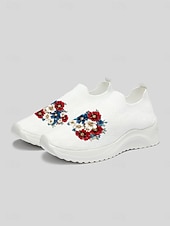  Pantofi sport fără mâneci pentru femei, albi, cu imprimeu floral – pantofi sport respirabili, confortabili, tricotați, cu absorbție ușoară a șocurilor și suport pe tot parcursul zilei, pentru